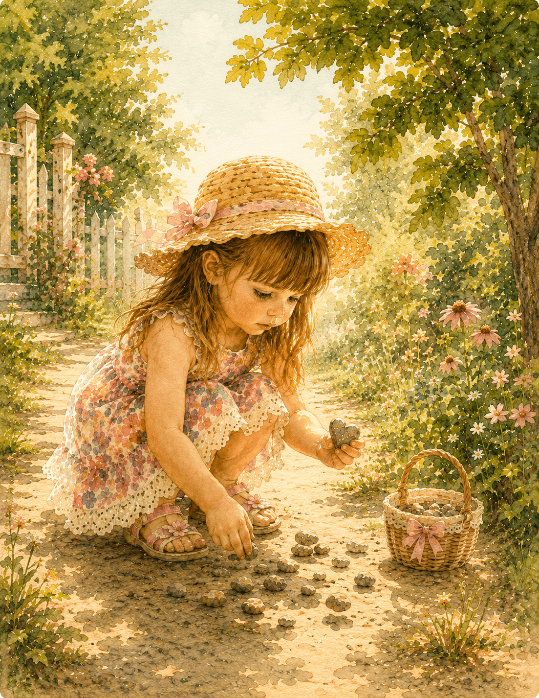 Zoriana collecting little treasures into her basket